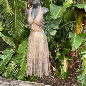 Cache metallic silk beaded halter dress with bow